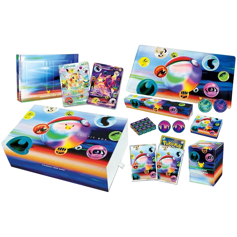 Inhoud van de Japanse Pokémon 30th Celebration Futuristic Box met verzamelaccessoires en kaarten.