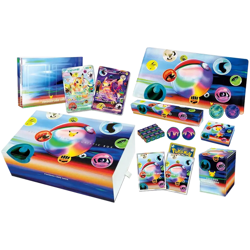 Inhoud van de Japanse Pokémon 30th Celebration Futuristic Box met verzamelaccessoires en kaarten.
