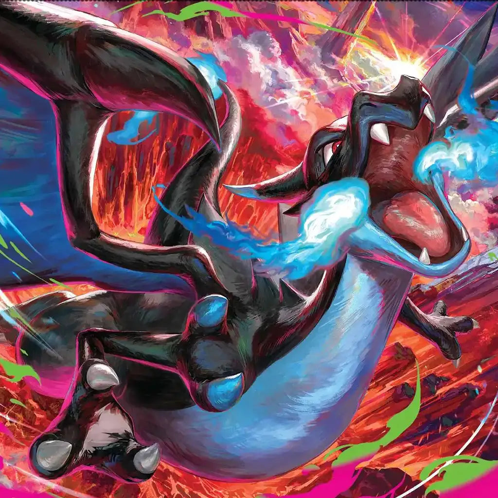 Pokémon-illustratie van Mega Charizard X met blauwe vlammen.