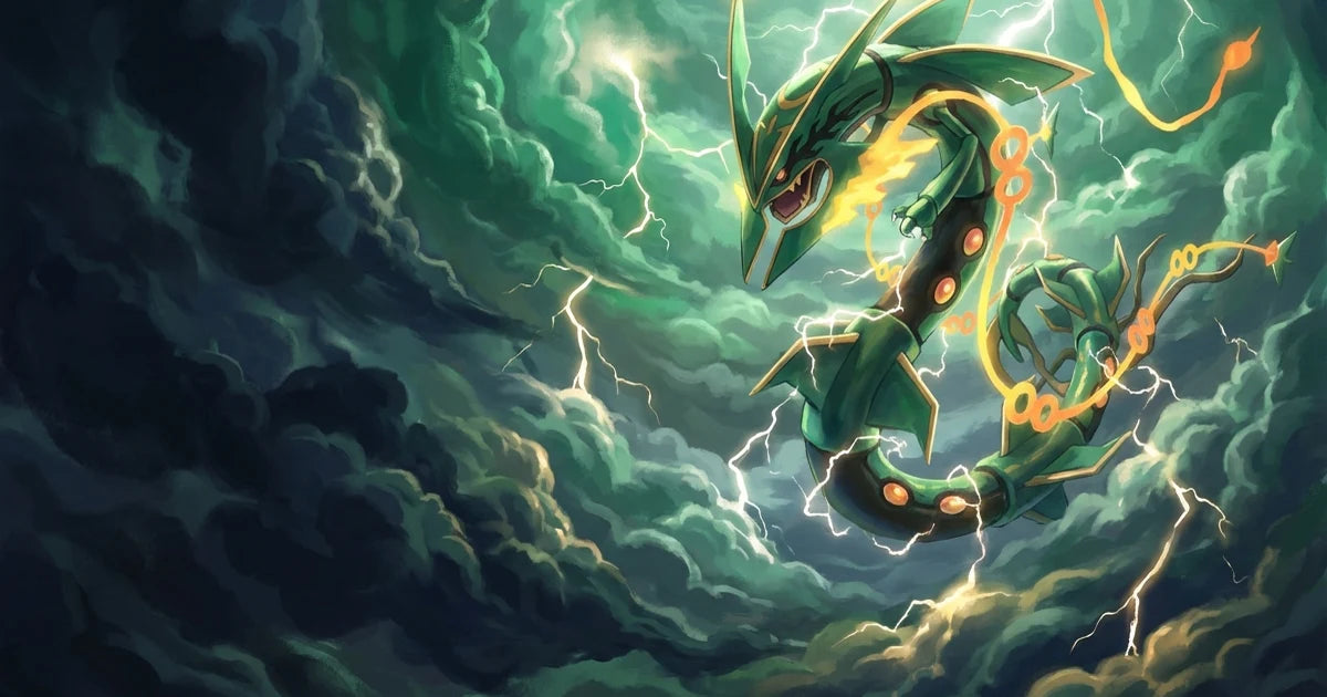 Rayquaza vliegt tussen donkere wolken en groene bliksem.