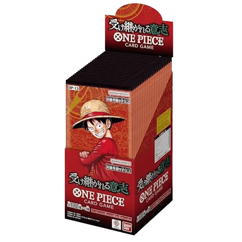 Japanische One Piece OP-13 Carrying On His Will-Boosterbox, als offenes Display.
