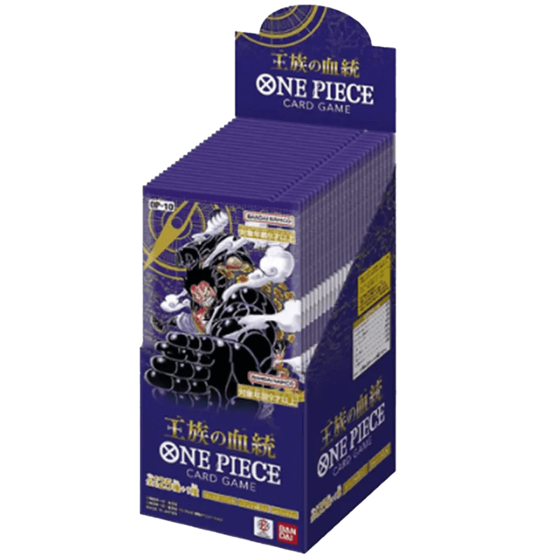 Japanische One Piece OP-10 Royal Blood-Boosterbox, als offenes Display.