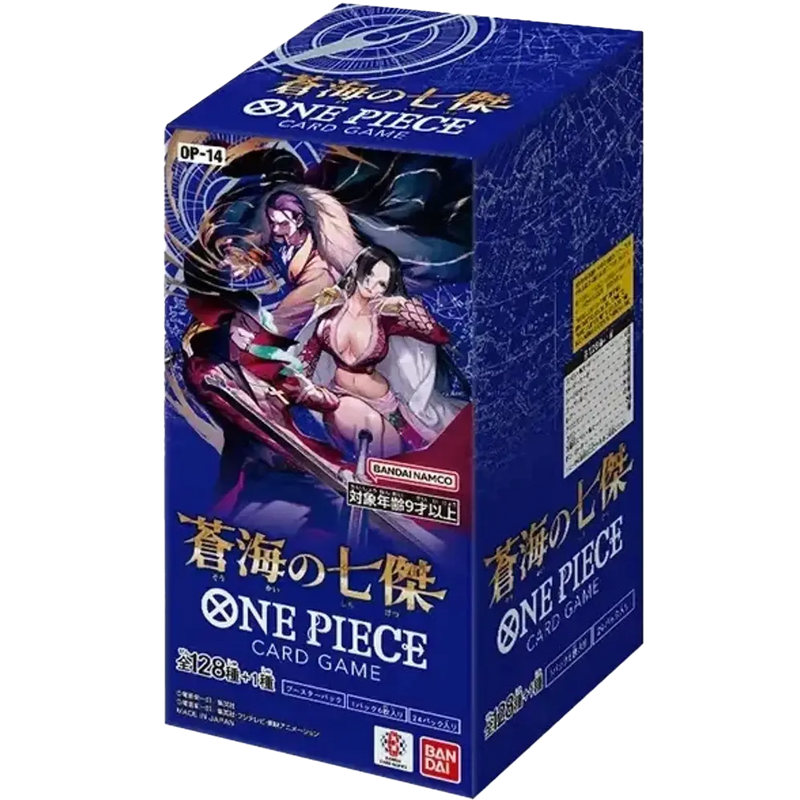 Japanese One Piece OP-14 The Azure Sea’s Seven booster box, closed packaging.