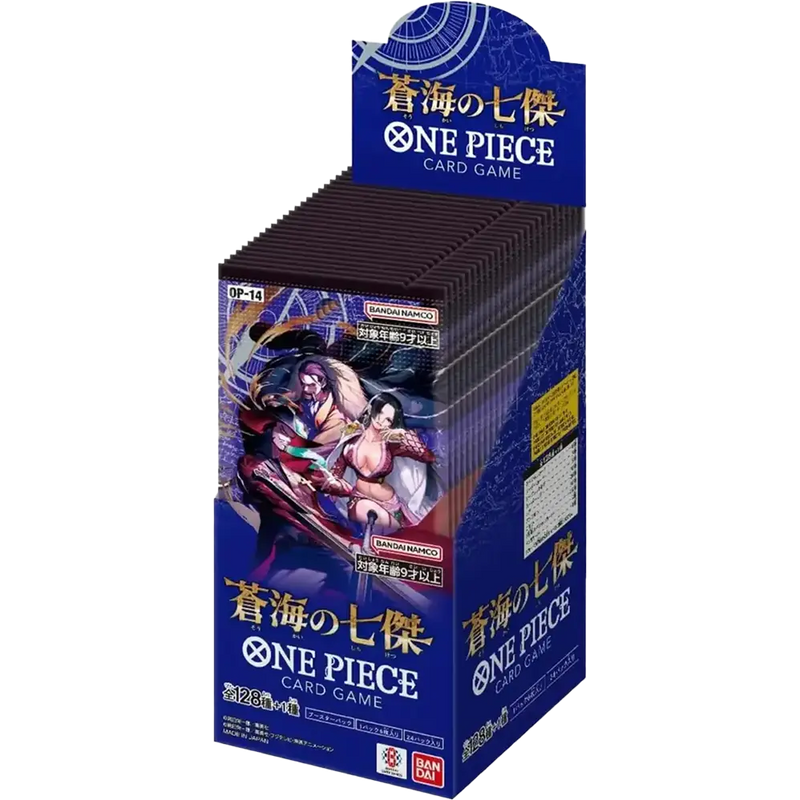 Japanese One Piece OP-14 The Azure Sea’s Seven booster box, open display.