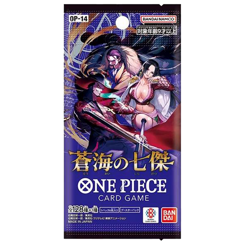 Japanisches One Piece OP-14 The Azure Sea’s Seven-Boosterpack, Vorderansicht.